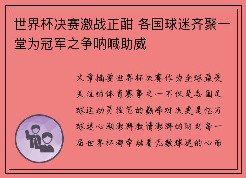 世界杯决赛激战正酣 各国球迷齐聚一堂为冠军之争呐喊助威